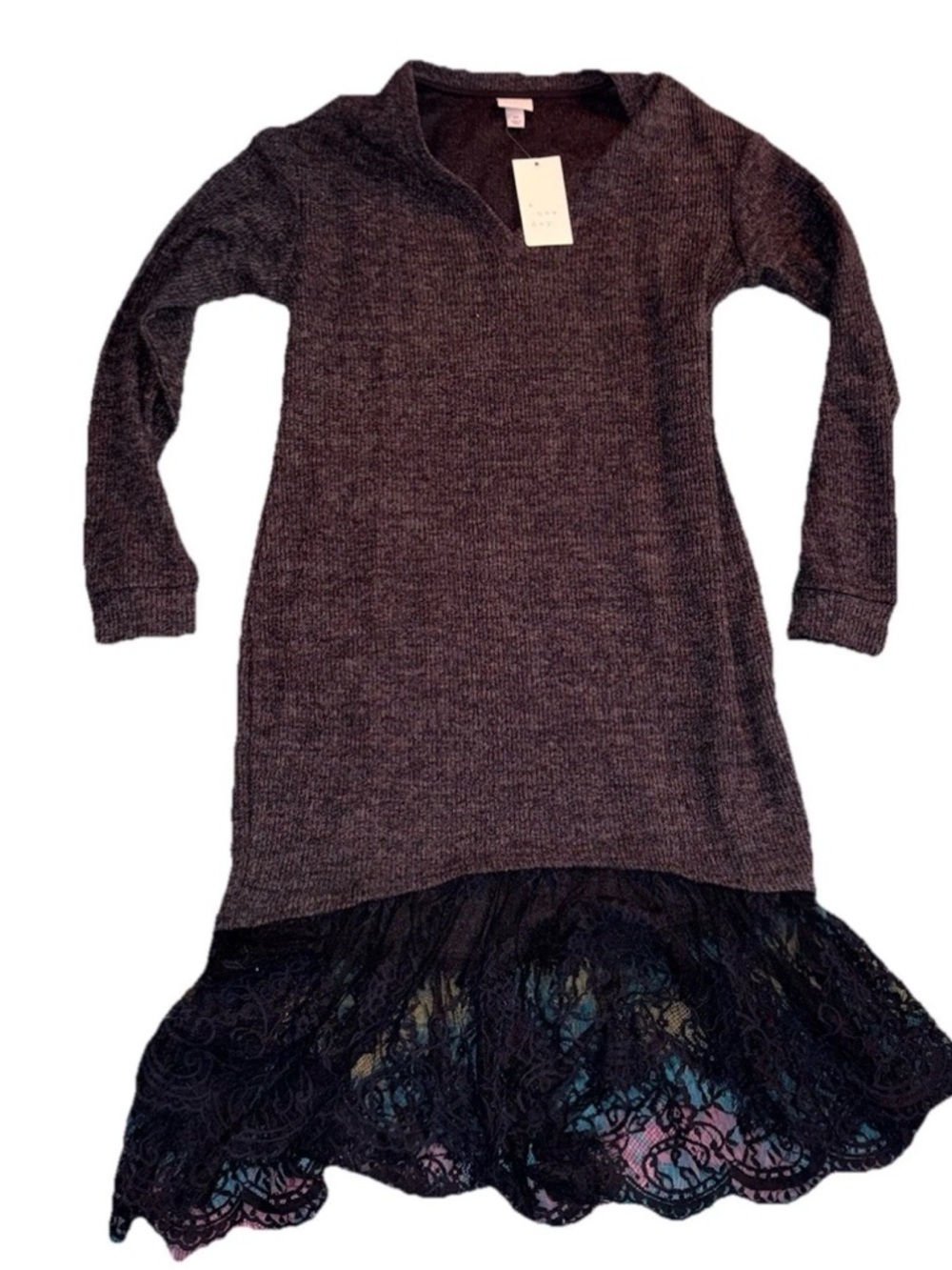 A new day Gray Knit Sweater Dress with Black Lace Hem